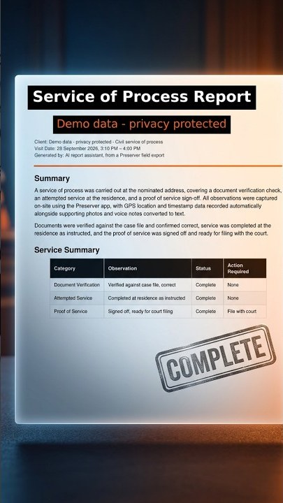 Process Servers — Preserver field evidence report